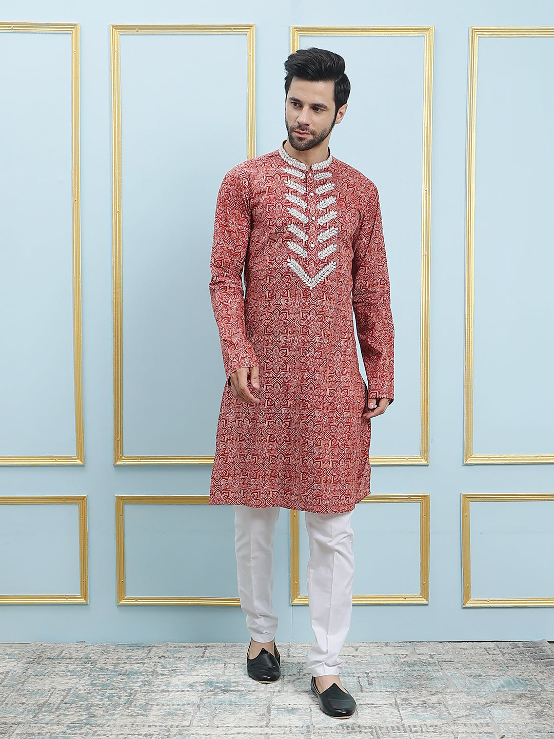 Printed Pure Cotton Straight Kurta with Embroidered Neck Design and Pyjama