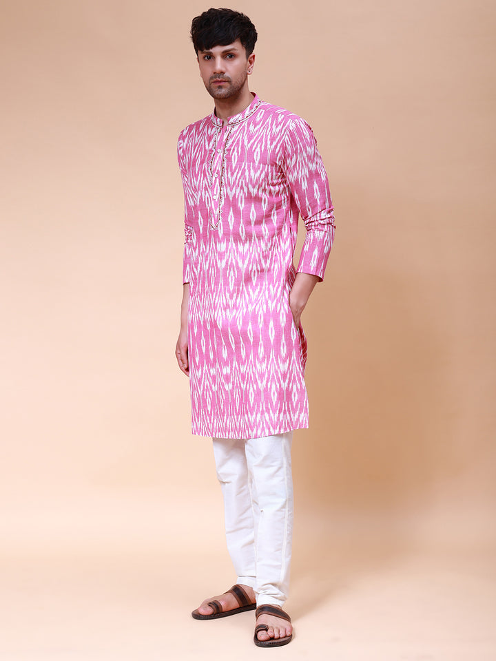 Printed Ikat Pure Cotton Straight Kurta with Embroidered Neck Design and Pyjama