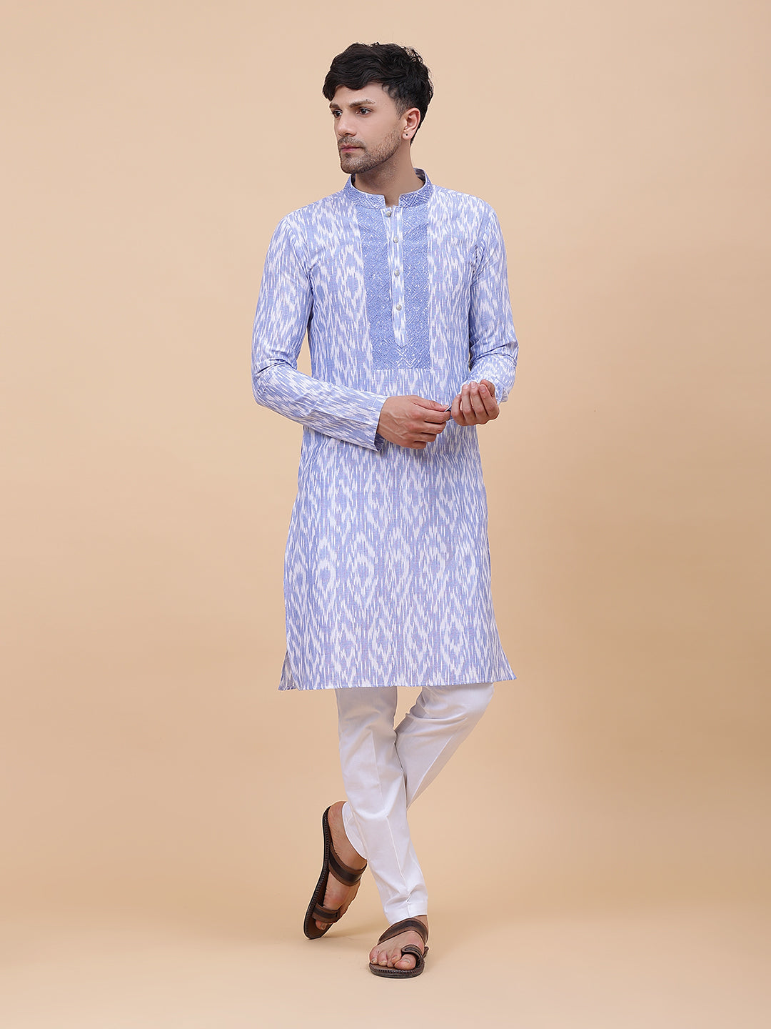 Printed Ikat Pure Cotton Straight Kurta with Embroidered Neck Design and Pyjama