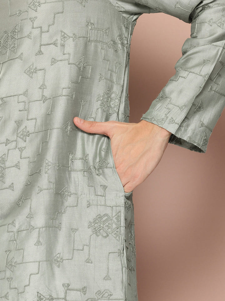 Men's See Green Chanderi Silk Embroidered Kurta, Paired with Pyjama