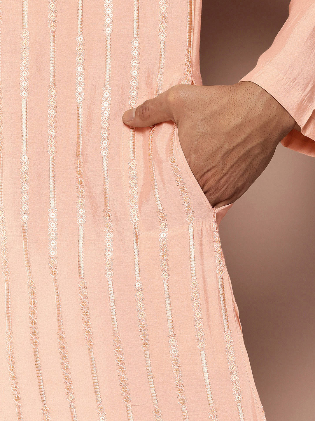 Light Pink Chanderi Silk Kurta with Embroidery and Sequins, Paired with Pyjama