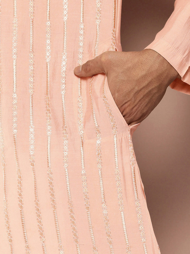 Light Pink Chanderi Silk Kurta with Embroidery and Sequins, Paired with Pyjama