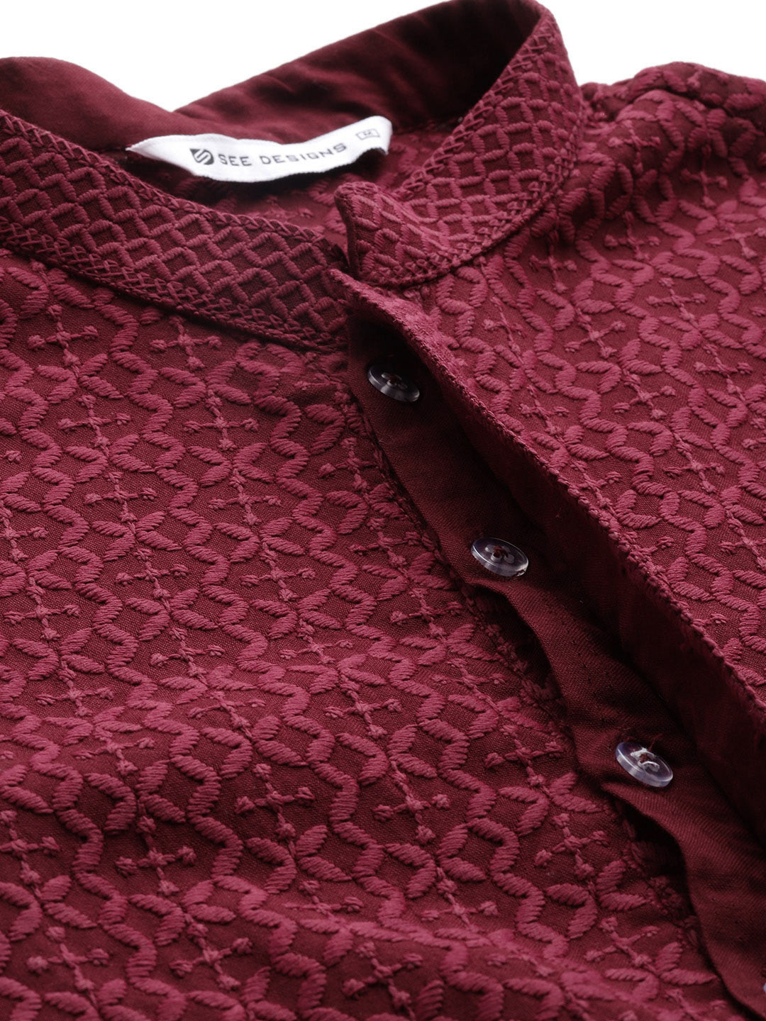 Men’s Maroon Rayon Kurta with Embroidered Chikankari, Paired with Pyjama