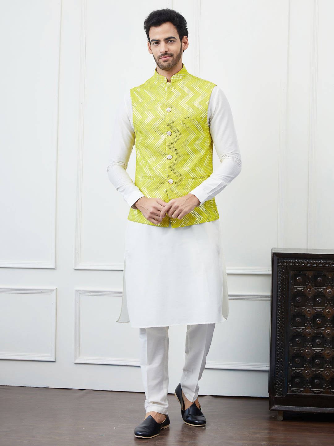 Sequin and Thread Work Embroidered Nehru Jacket