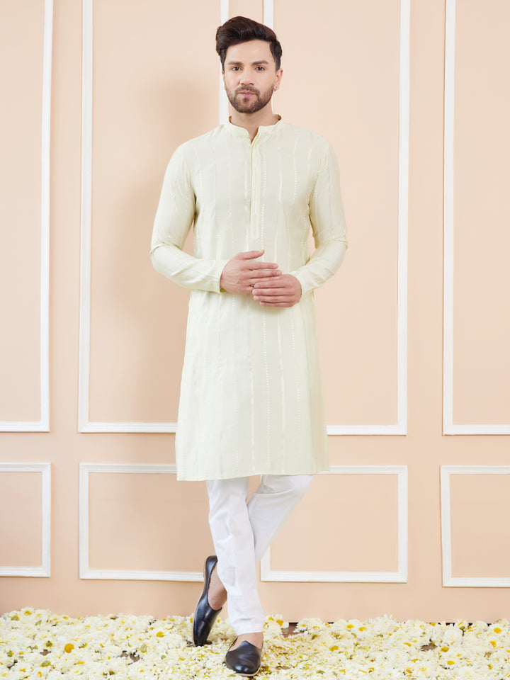 Men Cream and Gold Sequins Embroidered Chanderi Silk Straight Kurta