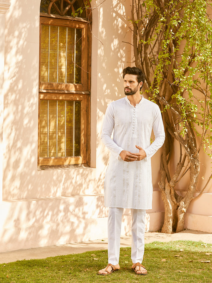 Pintuck with Thread work Pure Cotton Straight Kurta with Pyjama