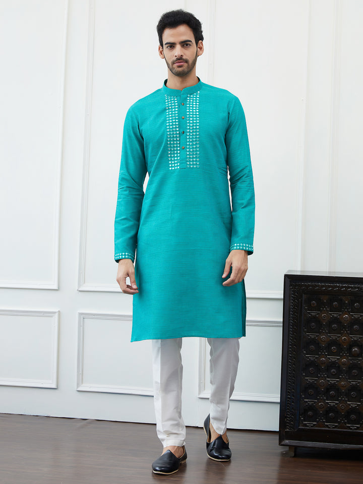 Embroidered Sequin Mirror Worked Pure Cotton Straight Kurta with Pyjama