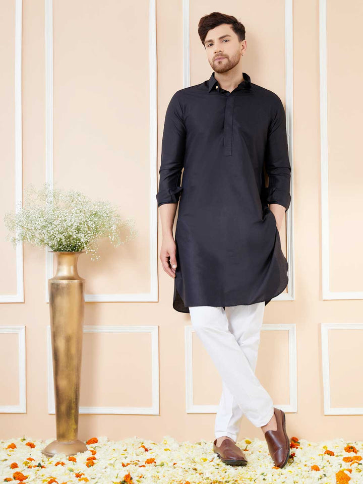 Black Cotton Solid Pathani Kurta with Pyjama