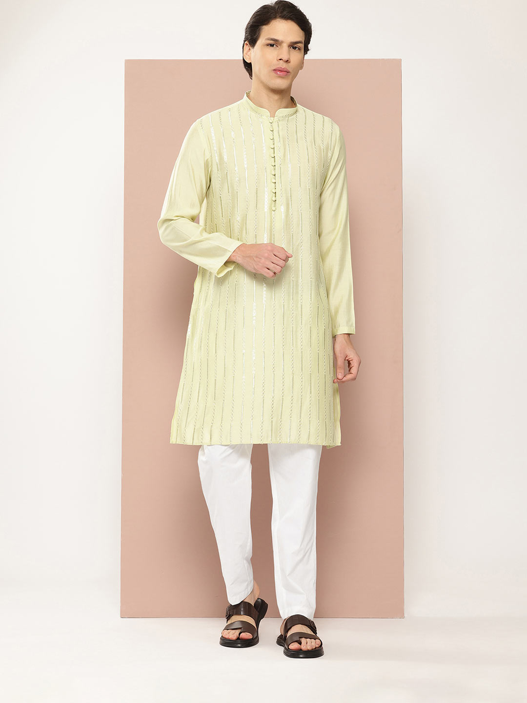 Pista Green Sequin Embroidered Chanderi Silk Kurta, Paired with Pyjama