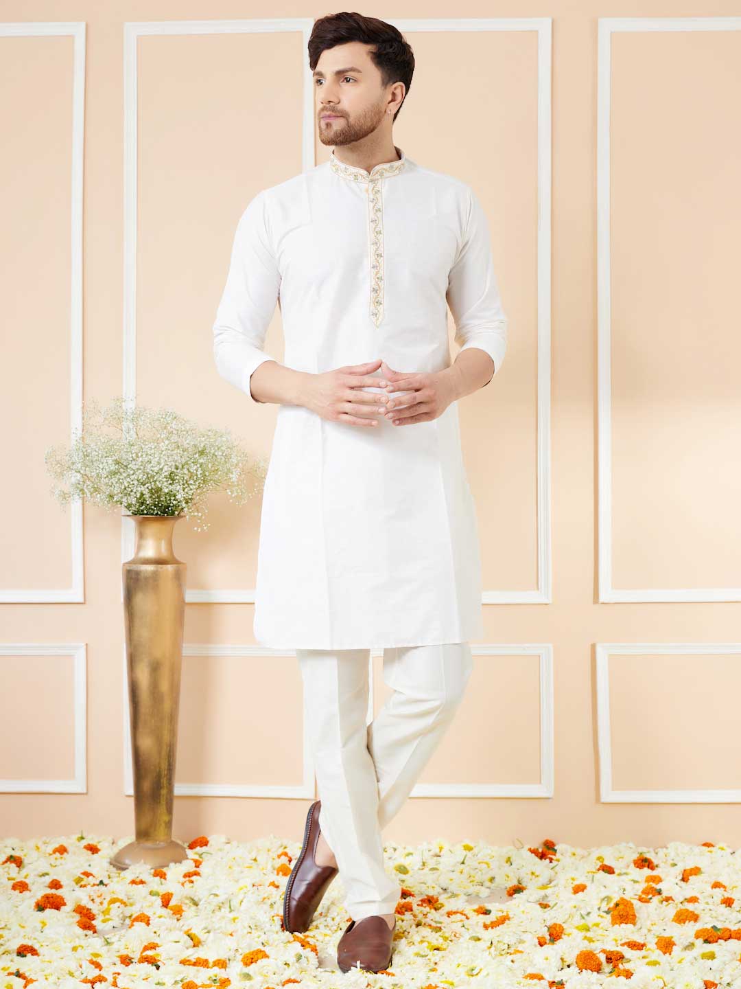 Cream Solid Cotton Straight Kurta with Emboridered neckline with pyjama