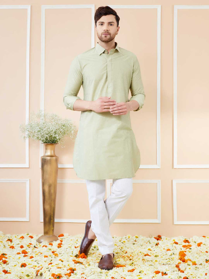 Green Cotton Solid Pathani Kurta