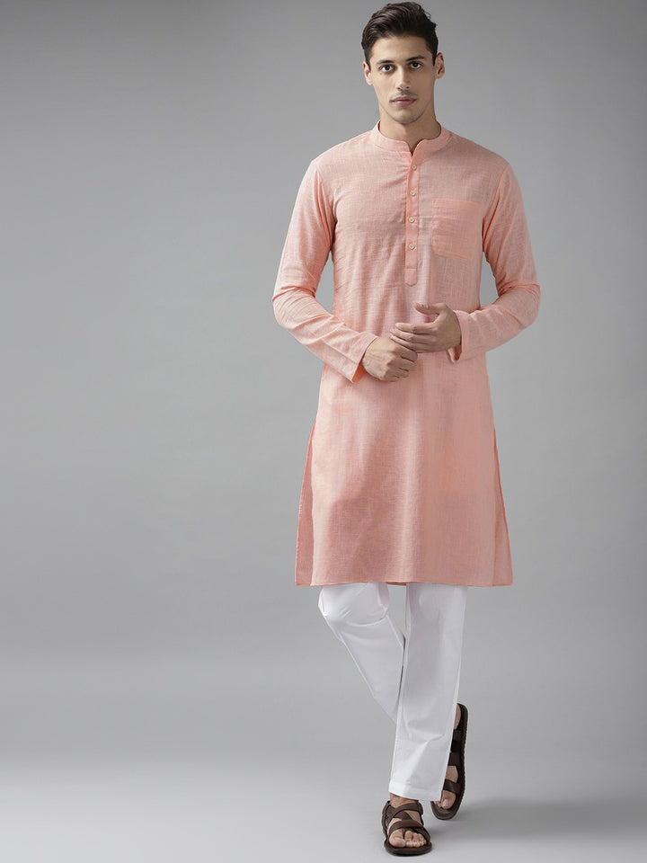 Men Light Pink Cotton Slub Straight Kurta with Pyjama