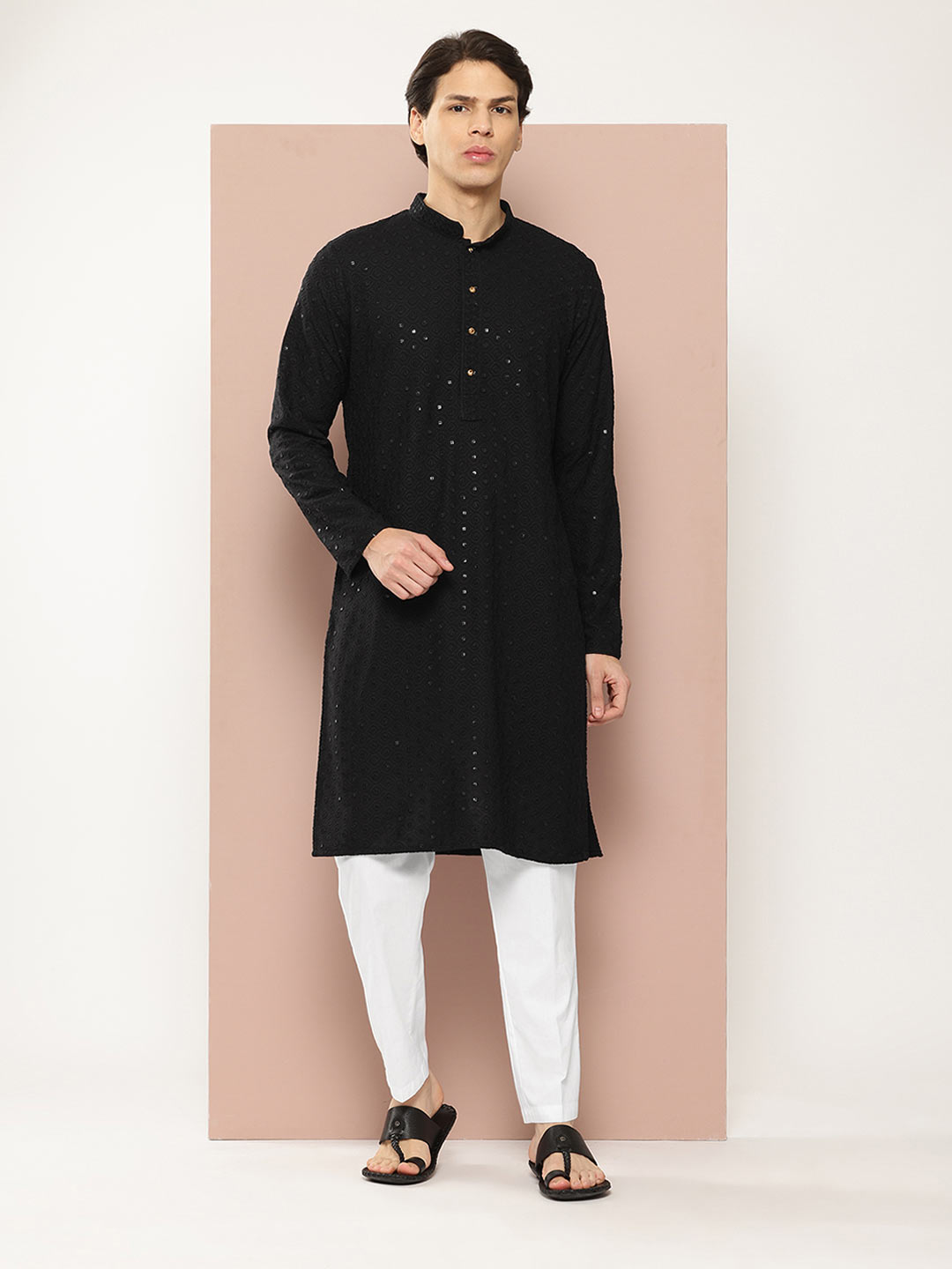 Men's Black Sequin Embroidered Rayon Kurta, Paired with Pyjama