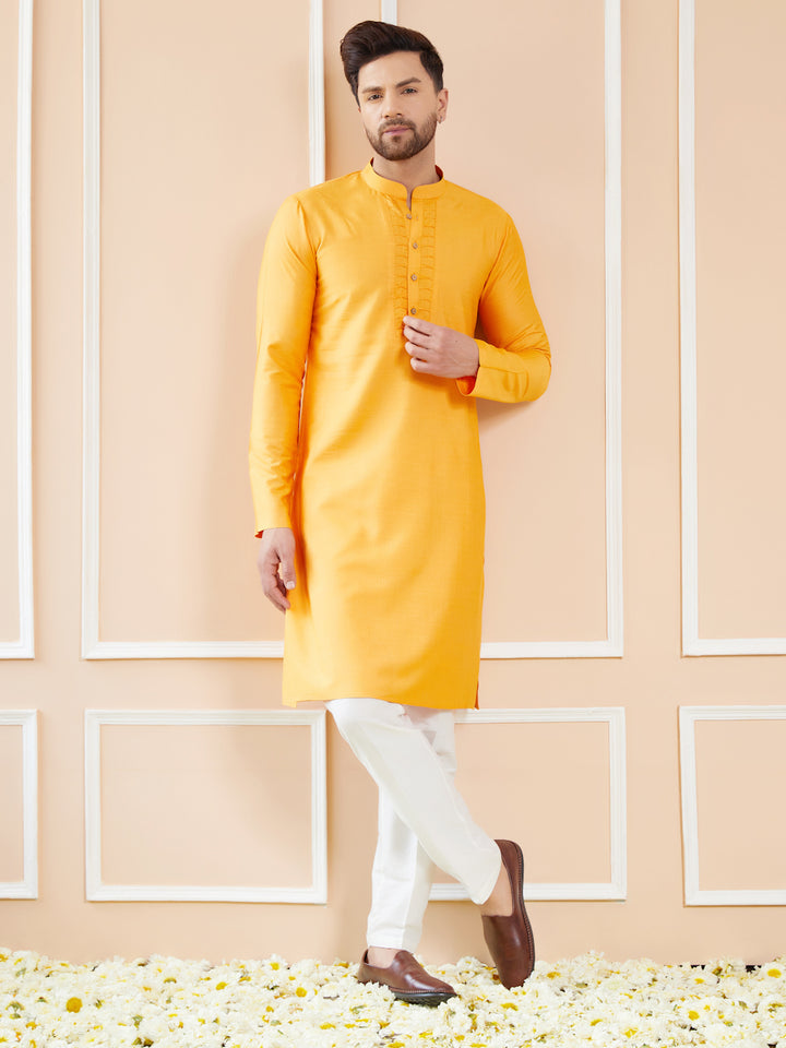 Mustard Raw Silk Straight Kurta with Pintuck Neckline and Pyjama