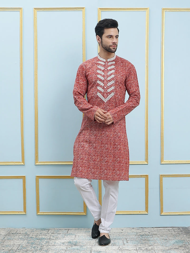 Printed Pure Cotton Straight Kurta with Embroidered Neck Design and Pyjama