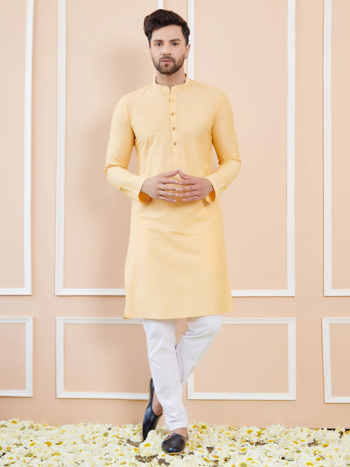 Beige Cotton Solid Straight Kurta