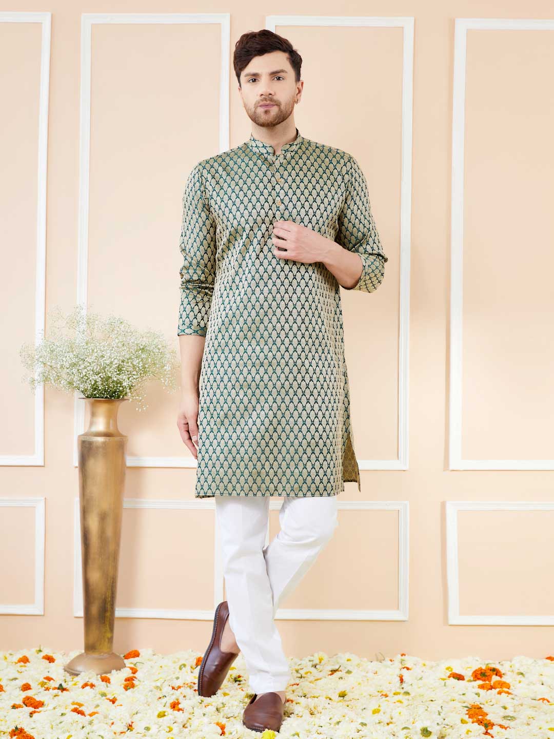 Green Ethnic Silk Woven Design Straight Kurta with pyjama