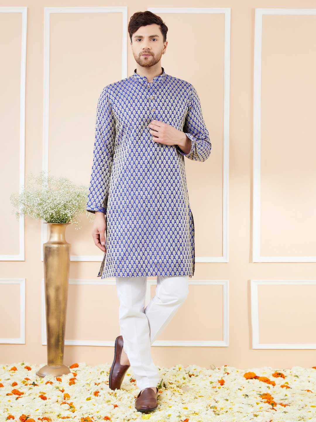  Dark Blue Ethnic Silk Jacquard Woven Design Straight Kurta with pyjama