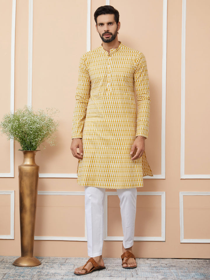 Yellow Printed Pure Cotton Straight Kurta