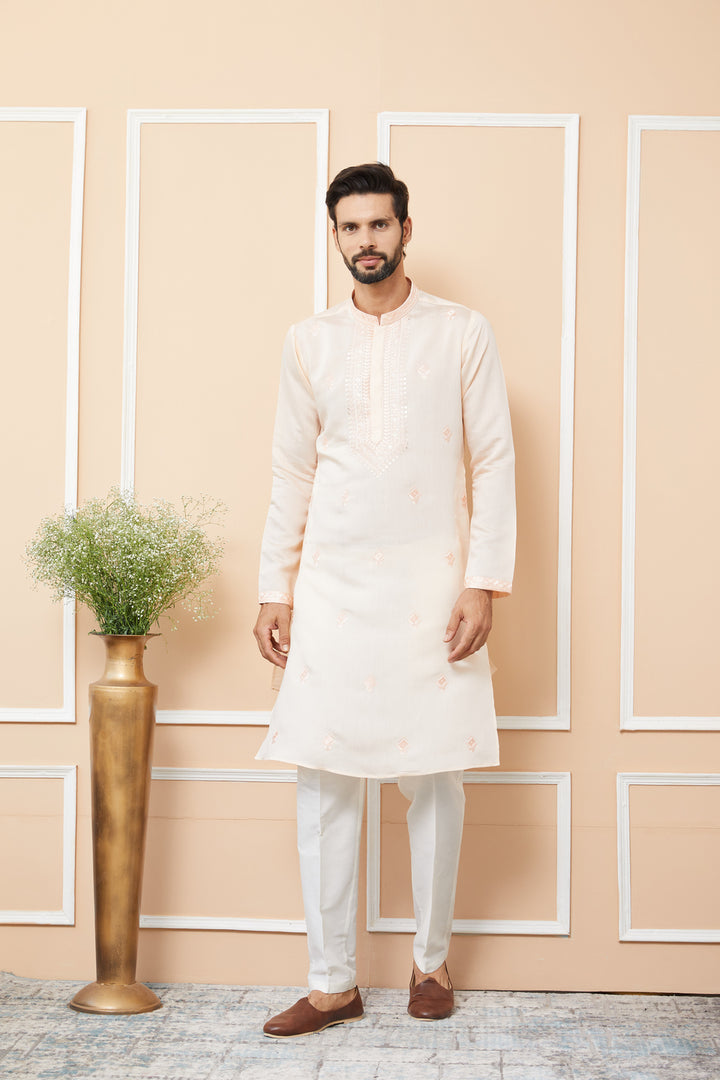 Peach Embroidered Chanderi Silk Straight Kurta