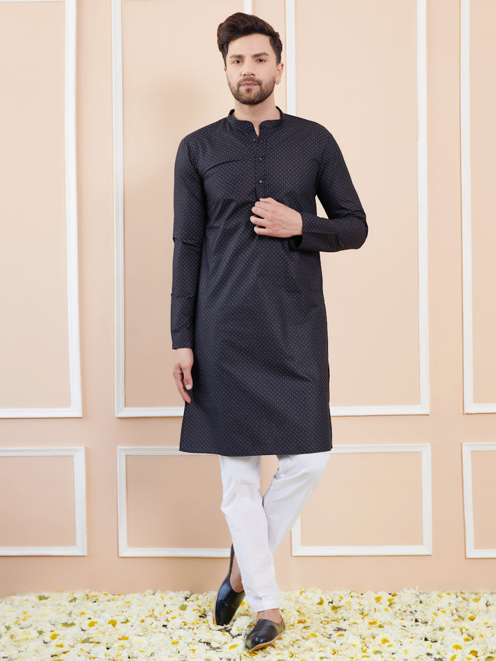 Black Printed Cotton Straight Kurta with Pyjama