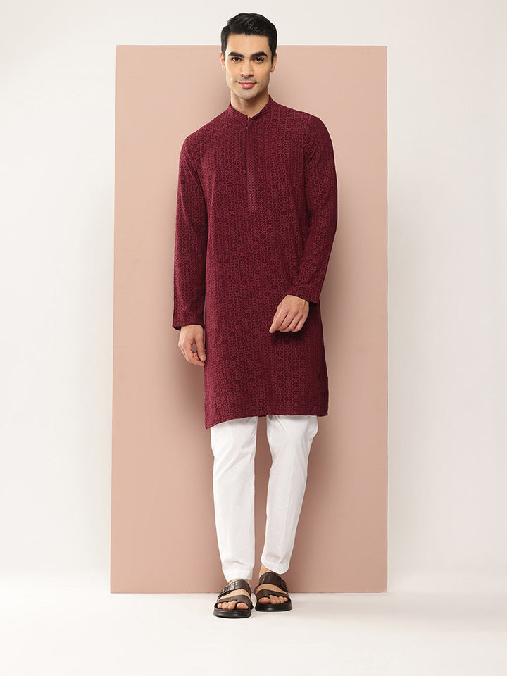 Men’s Maroon Rayon Kurta with Embroidered Chikankari, Paired with Pyjama