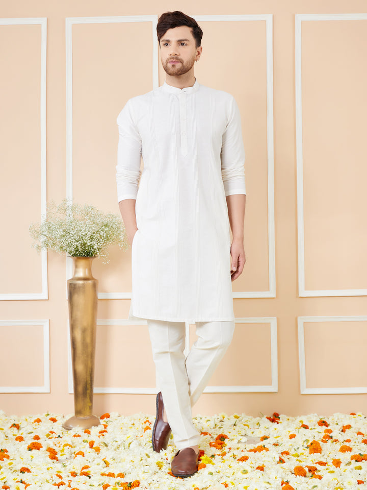 White Pintuck Worked Cotton Solid Straight Kurta with Pyjama