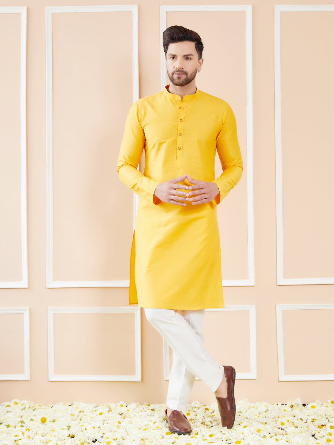 Yellow Cotton Solid Straight Kurta with Pyjama