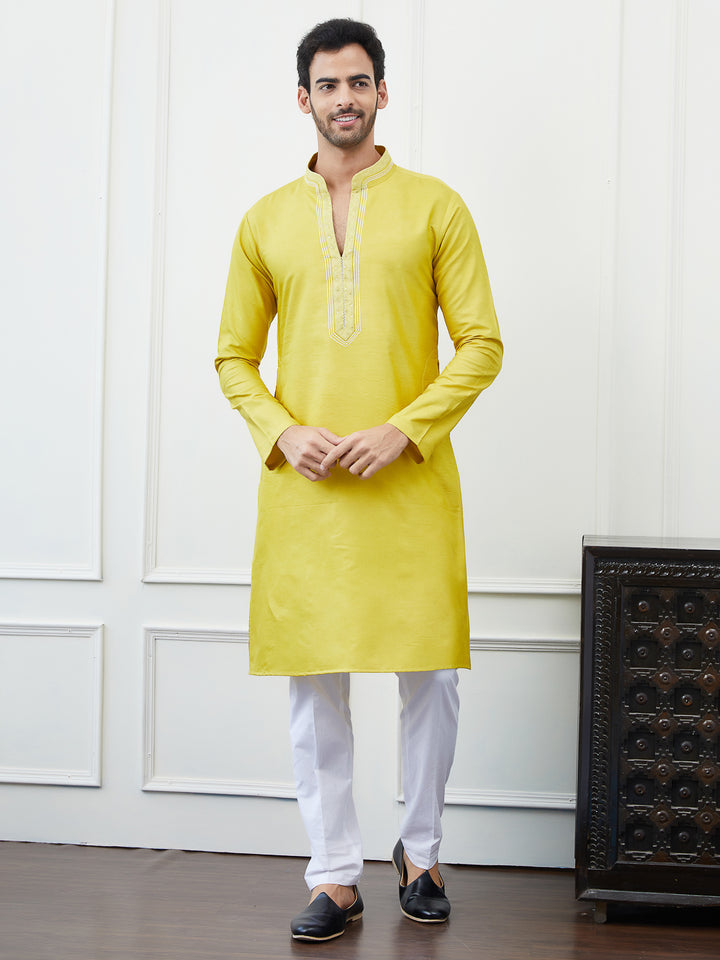 Solid Pure Cotton Straight Kurta with Embroidered Sequin and Thread worked Neck Design and Pyjama