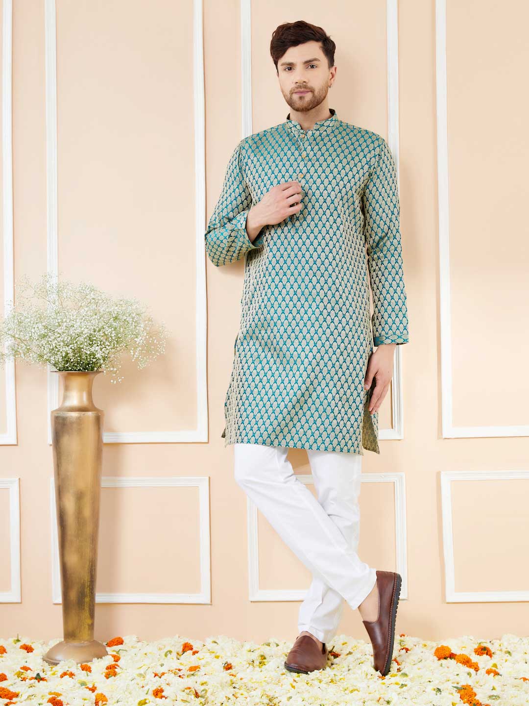 Light Blue Ethnic Motifs Silk Woven Design Straight Kurta with pyjama