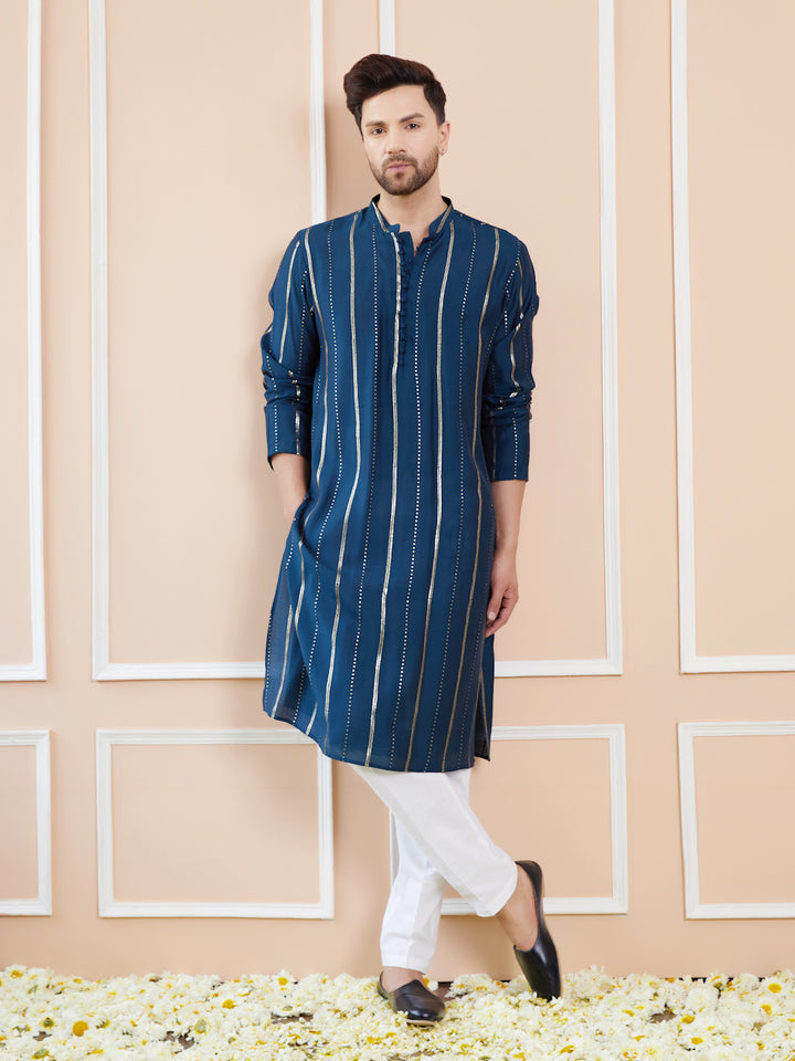 Blue and Gold Sequins Embroidered Chanderi Silk Straight Kurta With Pyjama