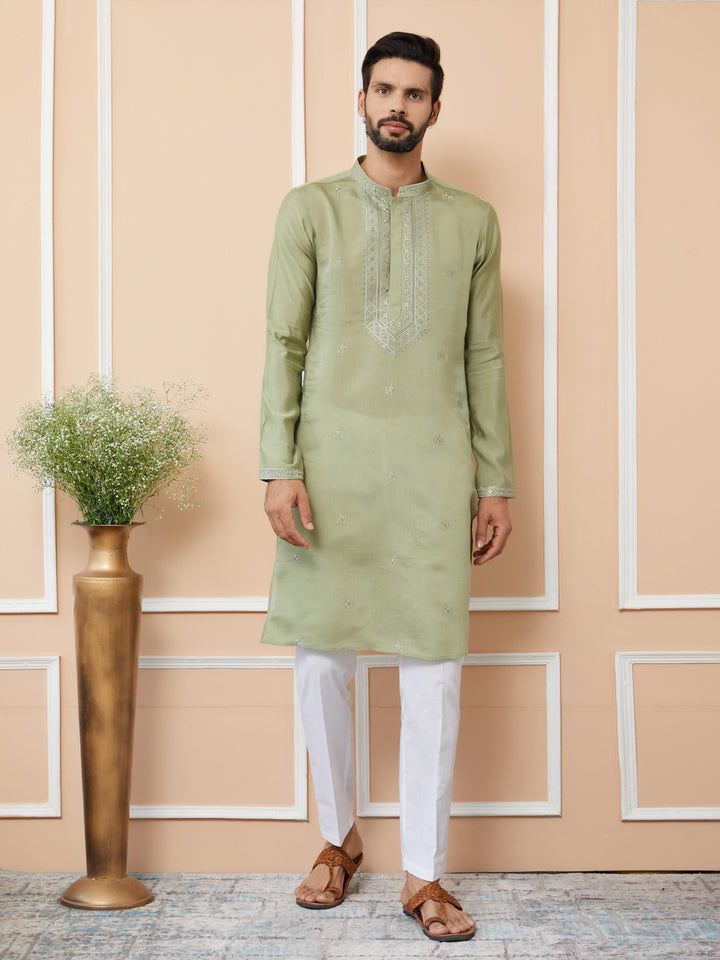 Olive Embroidered Chanderi Silk Straight Kurta