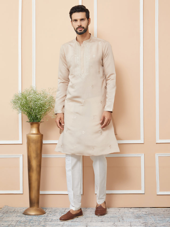 Beige Embroidered Chanderi Silk Straight Kurta