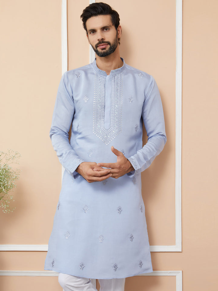 Blue Embroidered Chanderi Silk Straight Kurta