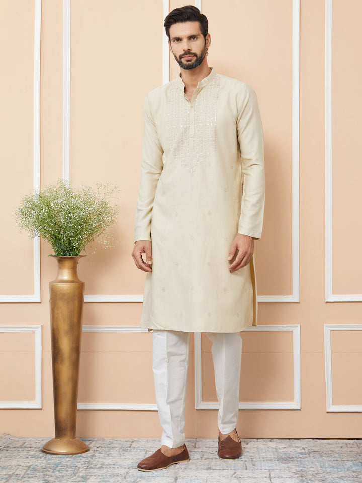 Beige Embroidered Zara Silk Straight Kurta