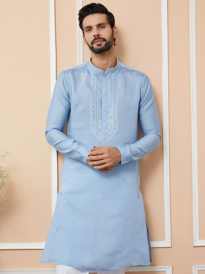 Light Blue Embroidered Chanderi Silk Straight Kurta