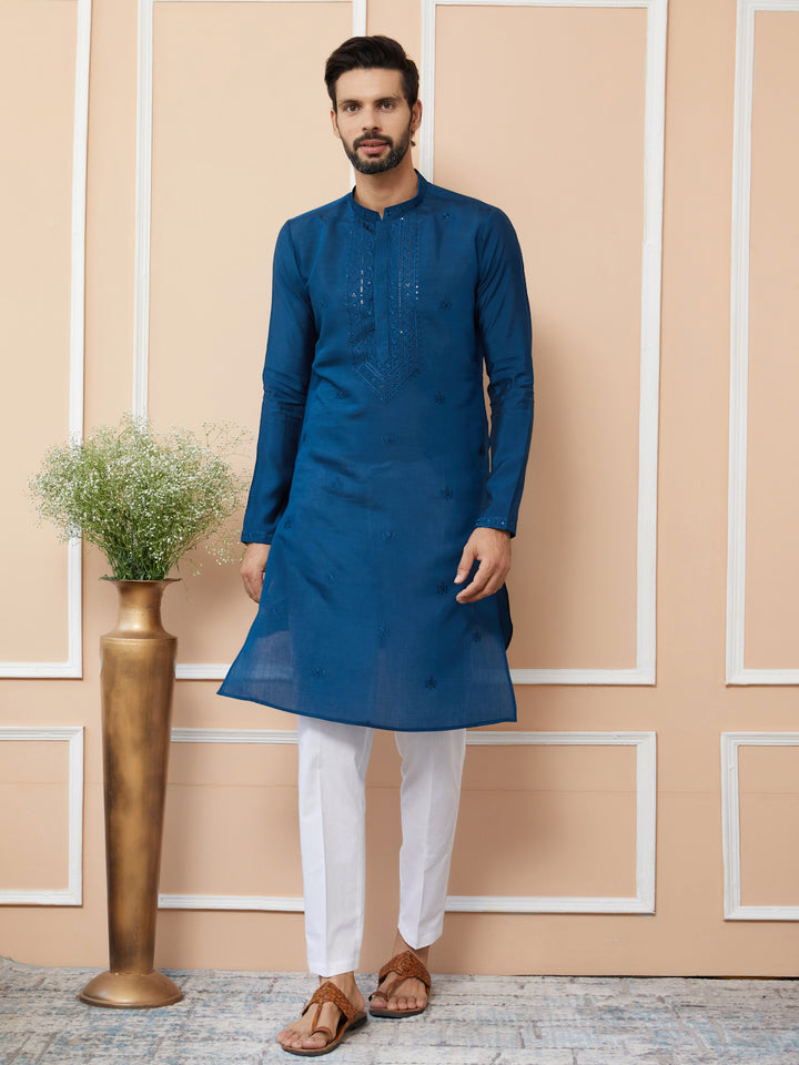 Navy Blue Embroidered Chanderi Silk Straight Kurta with Pyjama