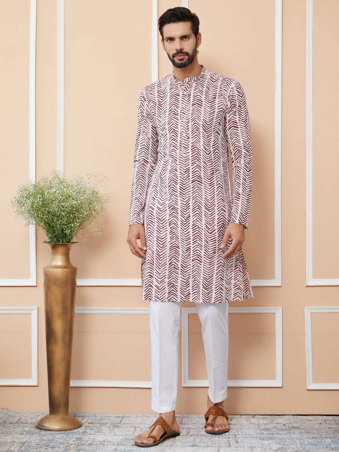 Baby Pink-Brown Printed Pure Cotton Straight Kurta