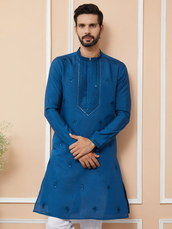 Dark Blue Embroidered Chanderi Silk Straight Kurta