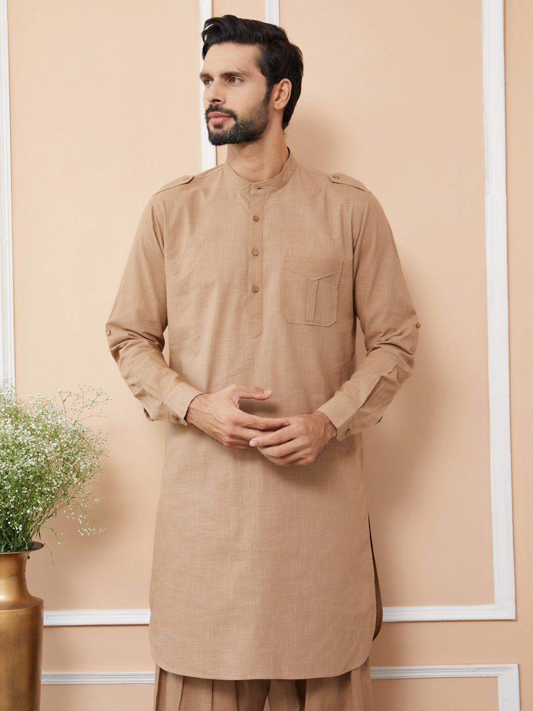 Light Brown Cotton Slub Pathani kurta with Salwar