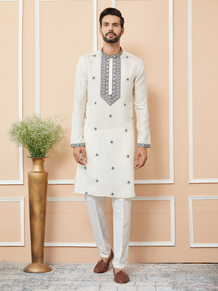 Cream Embroidered Chanderi Silk Straight Kurta with Pyjama