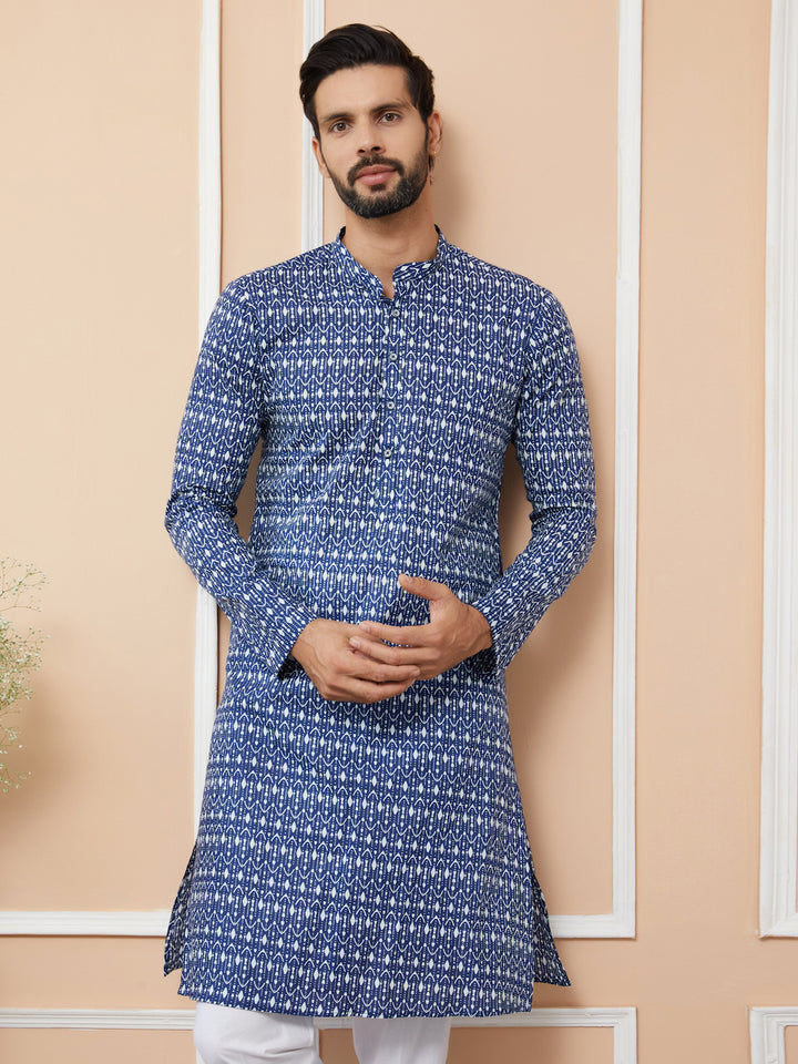 Blue Printed Pure Cotton Straight Kurta