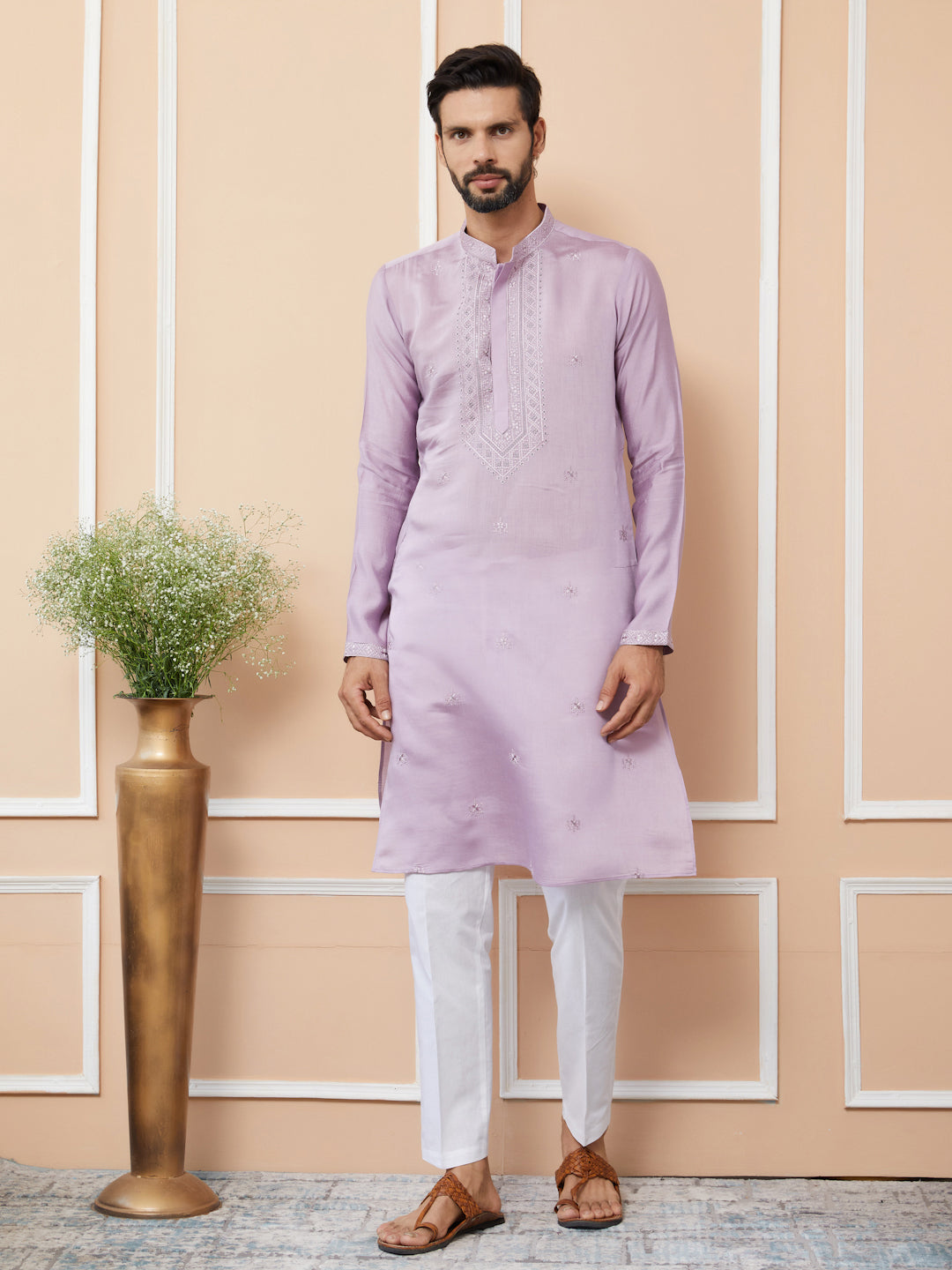 Lavender Embroidered Chanderi Silk Straight Kurta