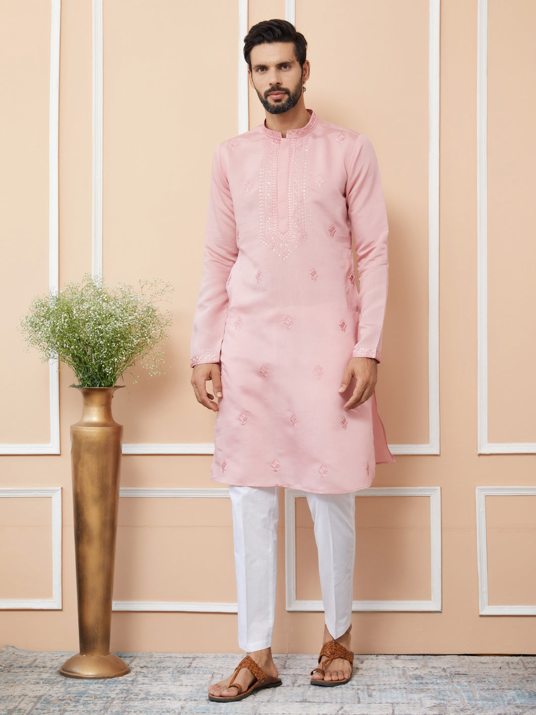 Pale Rose Embroidered Chanderi Silk Straight Kurta