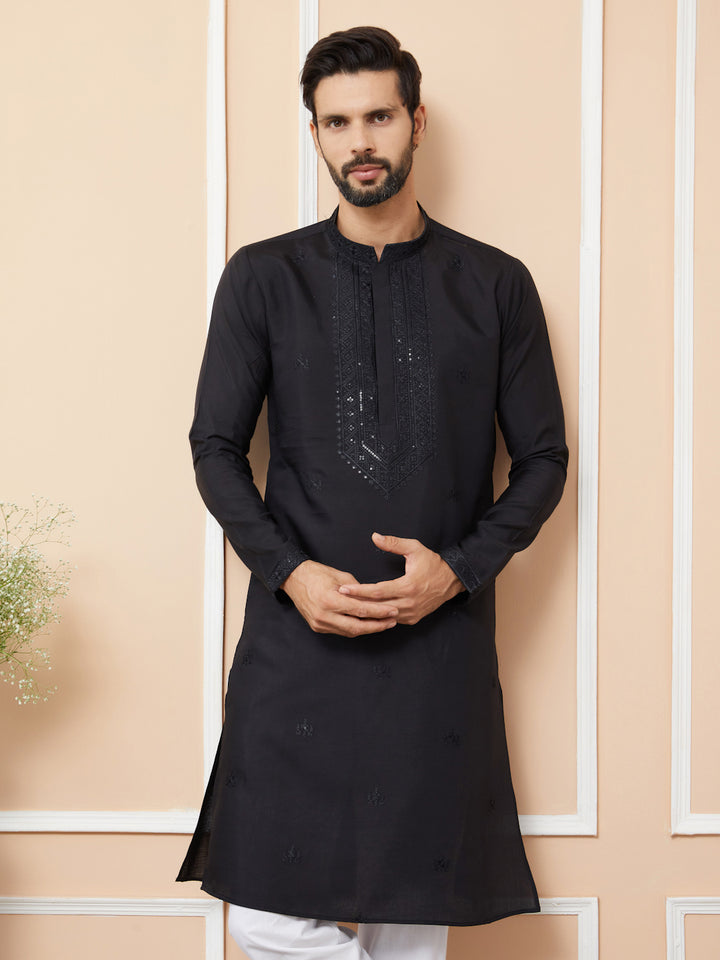 Black Embroidered Chanderi Silk Straight Kurta