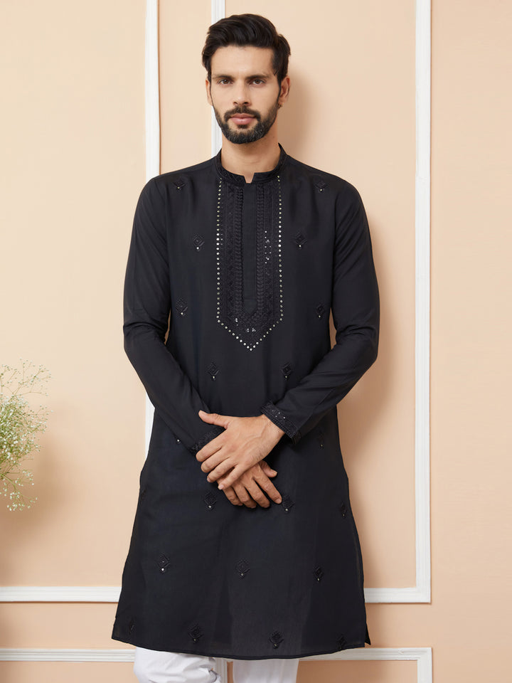 Black Embroidered Chanderi Silk Straight Kurta