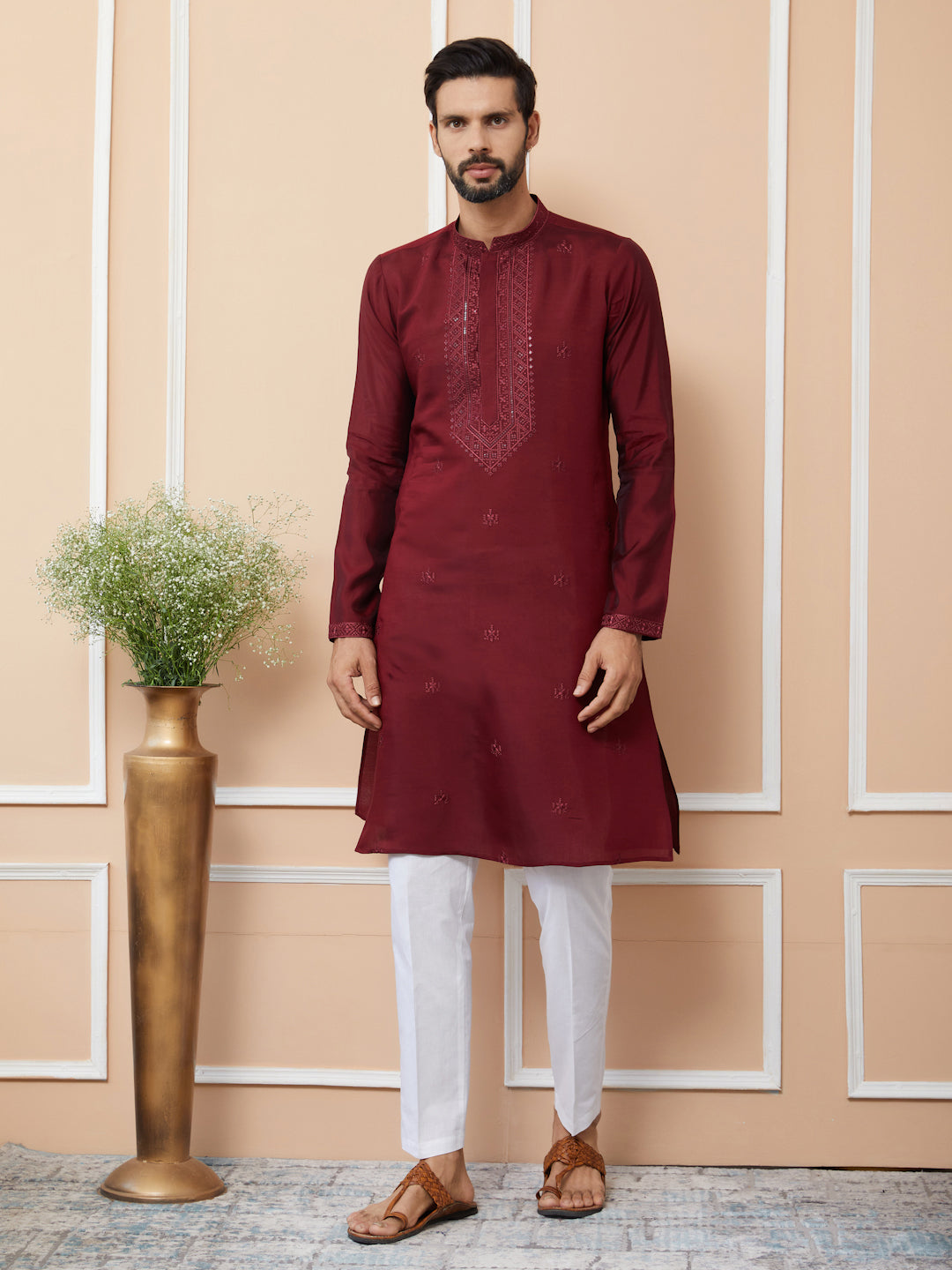 Maroon Embroidered Chanderi Silk Straight Kurta