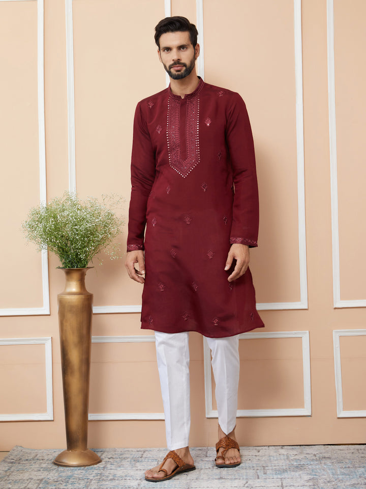 Dark Maroon Embroidered Chanderi Silk Straight Kurta