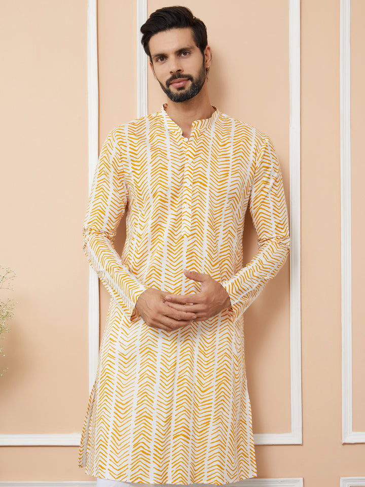 White-Yellow Printed Pure Cotton Straight Kurta