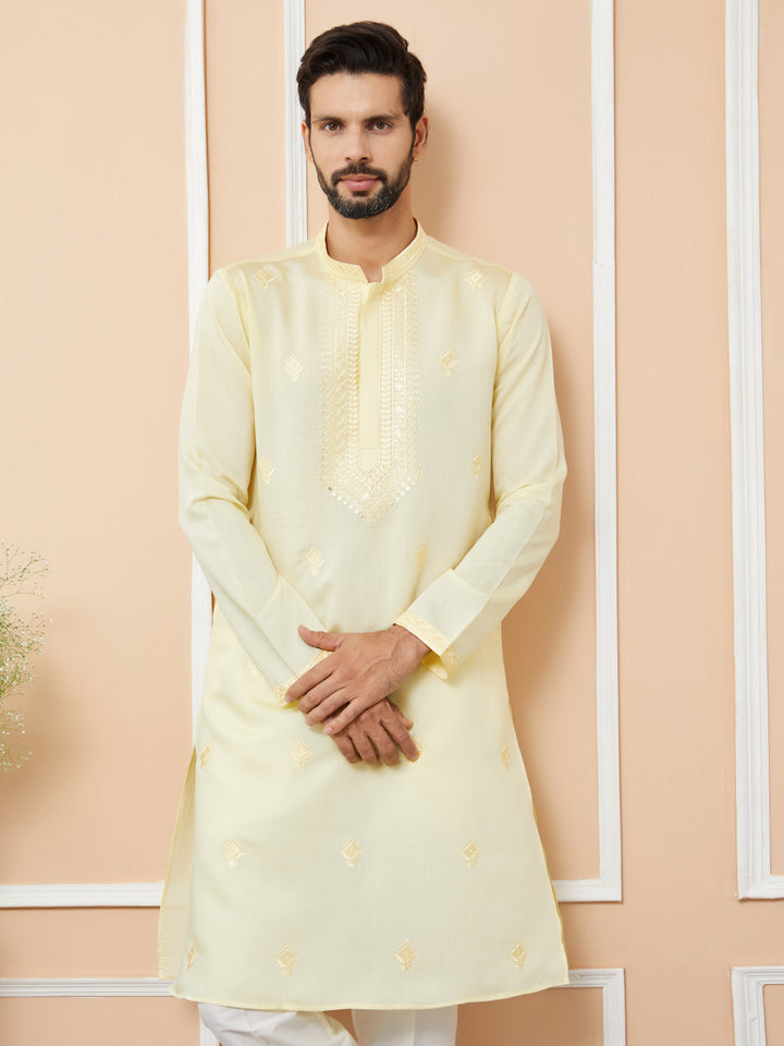 Yellow Embroidered Chanderi Silk Straight Kurta